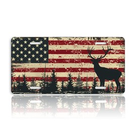 American Flag Deer Front License Plate for Men Forest Vintage Car Vanity Plates Decorative Aluminum Metal Cute Novelty License Plate 6x12 Inch (4 Holes)