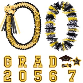 Sureio 2025 Graduation Leis Hawaiian Lei Graduation Money Ribbon Leis Double Braided Necklace Graduate Gift or Women Men(Black and Gold)