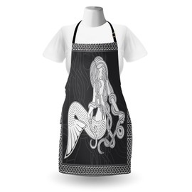 Ambesonne Mermaid Apron, Retro Art Illustration of a Girl Brushing Hair and Border Celtic Patterns, Unisex Kitchen Bib with Adjustable Neck for Cooking Gardening, Adult Size, Grey