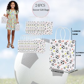 24 Pack Soccer Party Favor Gfit Bags 8.2" x 5.9" x 3.2" Paper Goodies Snack Treat Bags for Team Football Candy Themed Birthdays Sports