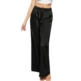 SWOMOG Women's Silk Satin Pajama Pants Longs Silky Sleep Pants Loungewear Trousers Elastic Waist Lounge Pj Bottoms