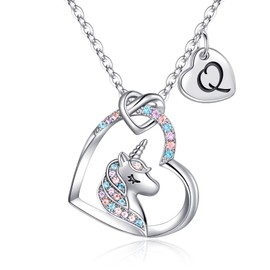 TINGN Unicorn Gifts for Girls, 14K White Gold Plated Letter Q Pendant Heart Necklace 6 Year Old Girl Gifts Unicorn Gifts for Girls Jewelry Initial Unicorn Jewelry Necklace Unicorn Gifts for Girls