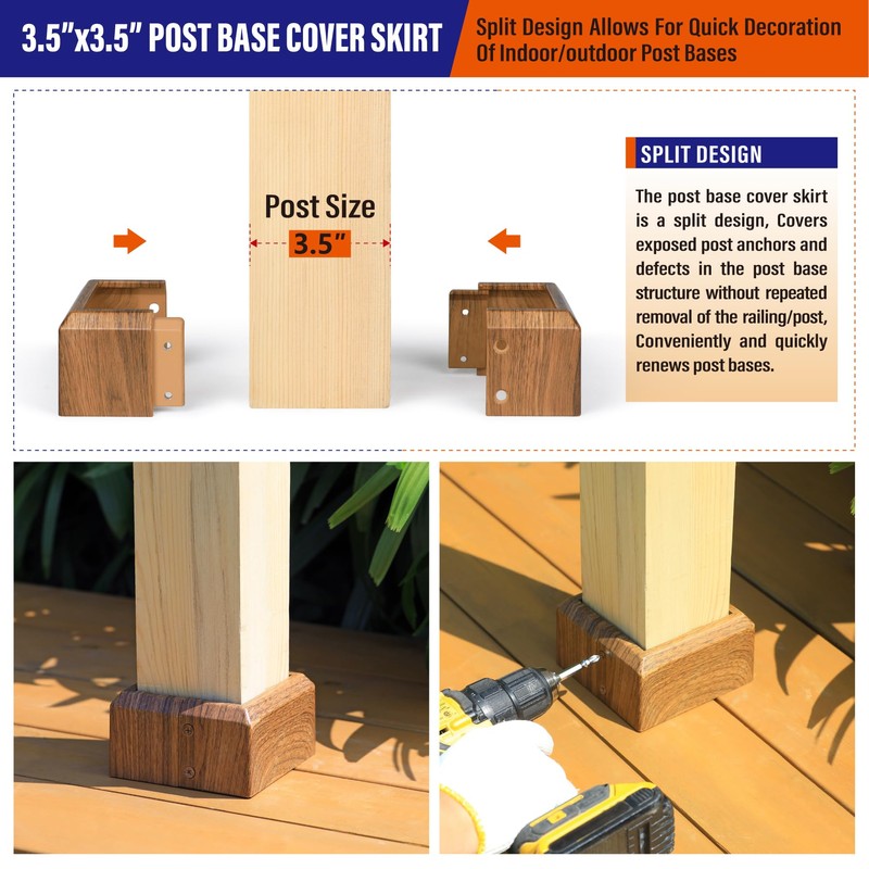 4"x4" (Actual: 3.5"x3.5") Deck Post Base Covers Aluminum, Split Style
