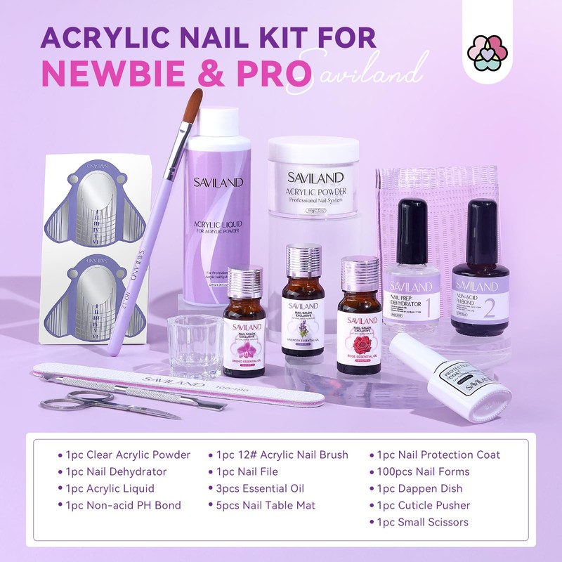 Saviland Acrylic Nail Kit for Starters: 3 Colors Acrylic Powder
