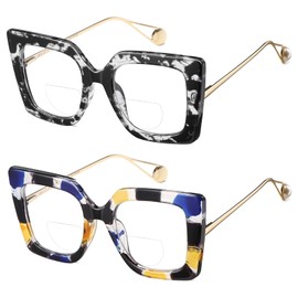 Kafirlo Oversize Bifocal Reading Glasses Women Cat Eye Blue Light Blocking Reader Clear Top No Line Transition Ladies Eyewear with Metal Frame & Spring Hinge (2.5x/Black & Tricolour Flower)