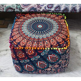 CRAFT KALA Large Hippie Mandala Meditation Floor Ottoman Pillow Cushion Pouf Cover Square Poufs Bohemian Circle Floor Cushion Outdoor Fireplace Living Room Decor 20X20X14 inches, Multi-Color Mirchi