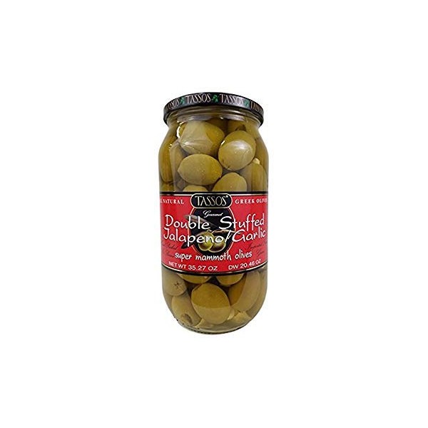4 Pack Of Tassos All Natural Double Stuffed Jalapeno And Garlic Super Mammoth Olives (4X35.27 oz Each.)