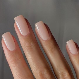 KQueenest 30 PCS Natural Nude Press on Nails Short Medium Square Fake Nails Acrylic, Solid Colored Gel Glue on Nails, Semi-transparent Short Coffin False Nails, Varied Sizes for Women Daily Wear