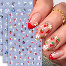 Flower Nail Art Stickers Decals, Butterfly Ladybug Daisy Strawberry Blueberry Nail Stickers Spring Summer Nail Decals for Nail Art Cute Floral Design Nail Sticker Supplies for Women, 5 Sheets