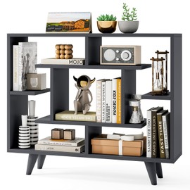 Tangkula Geometric Bookshelf, 3 Tier Modern Freestanding Open Bookcase with Anti-Tipping Devices & Legs, Home Office Decorative Storage Organizer Display Shelf for Living Room Study (Dark Grey)