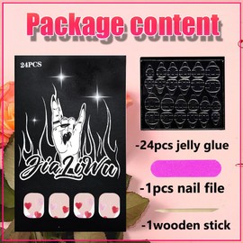 Valentine's Day Press On Nails Short Almond Nude Fake Nails with Designs Glitter Heart White French Tips False Nails Glossy Full Cover Holiday Acrylic Nails Glue Stick On Nails For Women Girls 24PCS