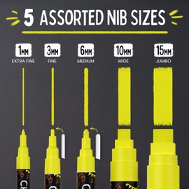 5 Yellow Chalkboard Chalk Pens - Yellow Dry Erase Markers for Blackboard, Chalkboard Signs, Windows, Glass | Variety Pack - Fine & Jumbo Size Ink Pen (1mm, 3mm, 6mm, 10mm, 15mm)