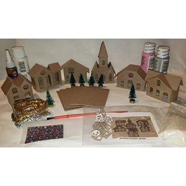 Putz Style 6 Mini Vintage Houses - DIY Complete Kit - Little Village Houses - Pink/Gray
