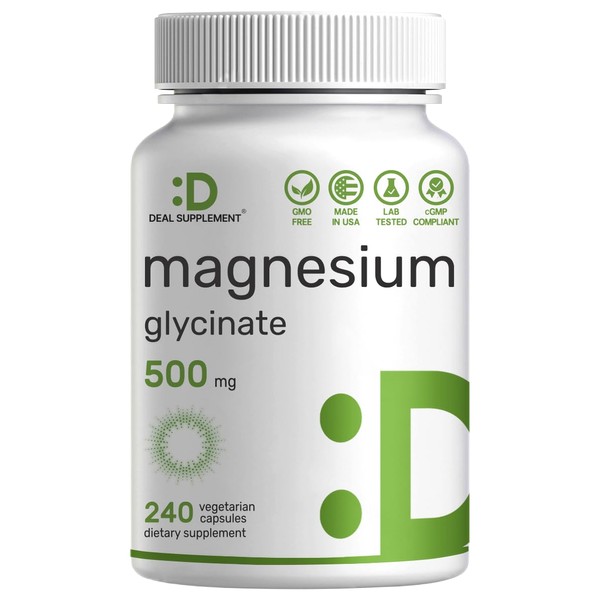 Magnesium Glycinate 500mg, 240 Veggie Capsules | Chelated | Highly Purified Essential Trace Mineral for Muscle, Joint, Heart, & Digestive Health