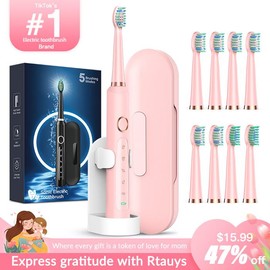 RTAUYS M5 Sonic Electric Toothbrush for Adults - Rechargeable Electric Toothbrushes with 8 Brush Heads & Holder, Travel Case, Power Electric Toothbrush with HolderÔºå3 Hours Charge for 120 Days:_Upgraded Black