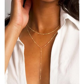 Awvialy Long Necklace for Women,Dainty 14K Gold Plated Layered Necklace Stack Y-Shaped Pendant Lariat Necklaces Trendy Drop Chain Choker Necklaces Simple Gold Jewelry for Women Gifts