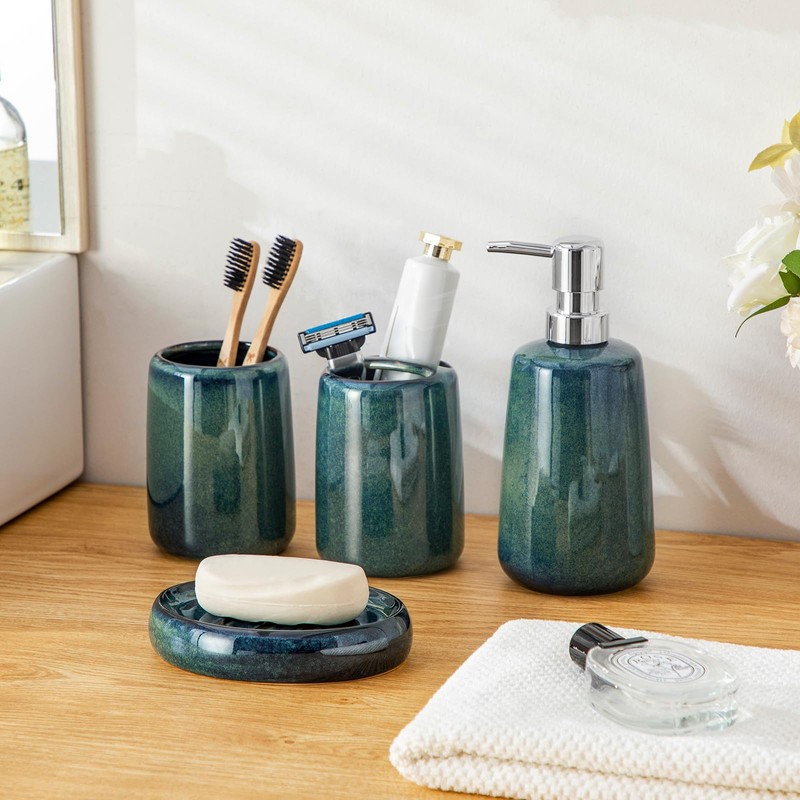 vancasso Green Bathroom Accessories Set, Ceramic Soap Dispenser and Toothbrush