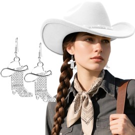 DRESHOW Glitter Cowboy Hat Rhinestone Cowgirl Boots Earrings Set Classic Western Rhinestone Cowgirl Hat Outdoor Wide Brim Retro Felt Fedora Hats Western Earrings for Women