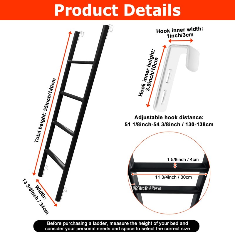 RV Bunk Bed Ladder, 55" Interior Adjustable Travel Trailer Twin