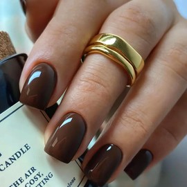 RUPOFUZA Brown Short Square Press On Nails Solid Color Short Fake Nails with Nail Glue, Artificial Nails 32Pcs Reusable Soft Gel False Nails Tips Kit,Stick On Nails for Women