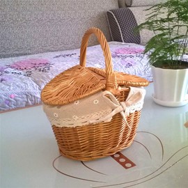 RXMORI Willow Basket Picnic Basket, Handmade Wicker Picnic Basket with Handle and Double Lids, Traditional Picnic Hamper, Small Handmade Woven Eggs Candy Basket(#1)