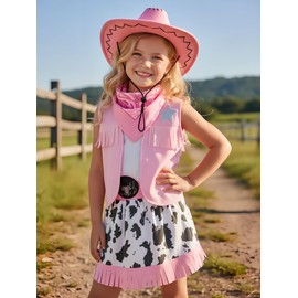 Nuehoryu Cowgirl Costume for Girls Toddler Western Outfit with Hat and Bandanna (7-8 Years)
