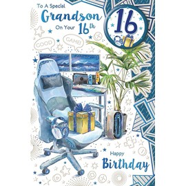 Grandson 16th Birthday Card & Badge - Age 16 Gaming Chair Desk Blue Foil 9x6"