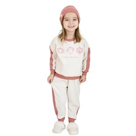 Miababy Cozy Embroidery Printed 3-Piece Tracksuit Set with Beret Gift for Baby & Child, 6 Colour Options (Ecru, 2-3 Years)