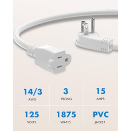 Flat Plug Short Power Extension Cord 1 Foot White 14 AWG 15A 1875W Low Profile 3-Prong Indoor Extension Cable (1 Pack)