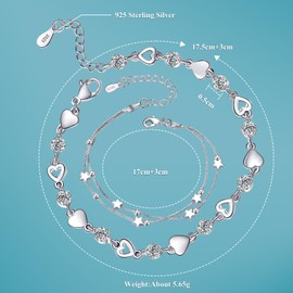 TDWE Women's 925 Silver Bracelet, 2 Pieces, Women's 925 Silver Bracelet, Women's Hearts, Shiny Crystal Diamond, Adjustable Love Heart Bracelets for Women, Gifts for Women and Girls, Sterling Silver