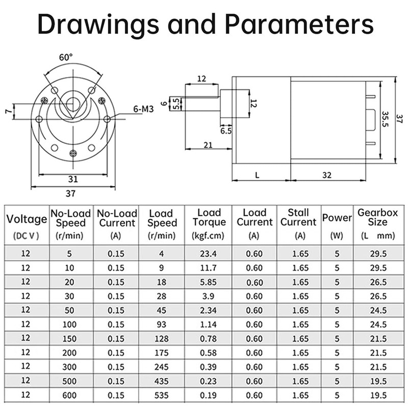 ZVKV 12V DC Motor 200RPM High-Torque Geared Motor with 37mm