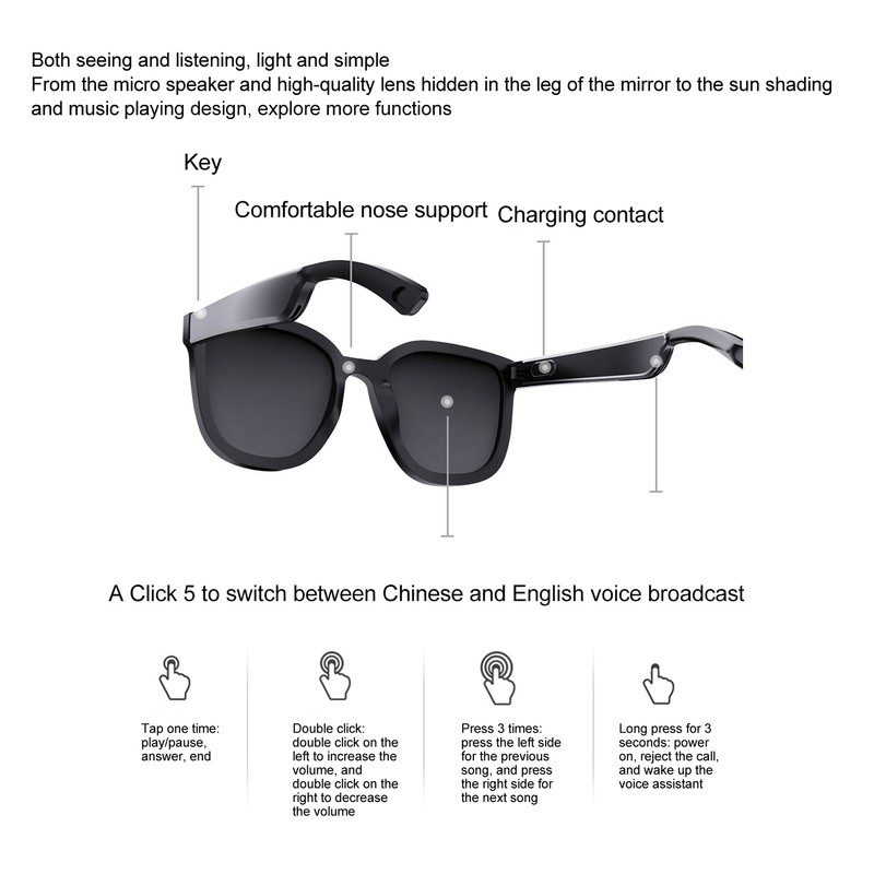 Smart Sunglasses Bluetooth with Dual Speakers Wireless Stereo Audio Glasses