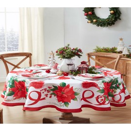 Home Bargains Plus Christmas Holiday Tassels 60 x 84 Inch Oval Fabric Tablecloth, Festive Red Poinsettia Garland Stain Resistant Easy Care Table Cover for Dinner Party and Banquet