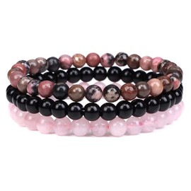 Azusa Sun 3Pcs 8mm Semi-Precious Gemstones Beaded Bracelets Healing Crystal Stone Bracelet for Women Men Stretch Round Beaded Bracelets Unisex Jewelry Gifts - Pink