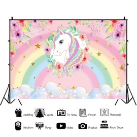 AOFOTO 5x3ft Magical Unicorn Rainbow Photography Backdrop Pink Floral and Stars Fantasy Clouds Fairy Unicorn Baby Shower Party Decoration Background Girls Princess Birthday Banner Photoshoot Props
