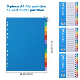 hautllaif File Dividers A4,3 Pack of A4 Folder Dividers for Ring Binders & Lever Arch Files,Colorful Plastic Binder Dividers with 12 Parts,Perfect for Office,School & Home Use
