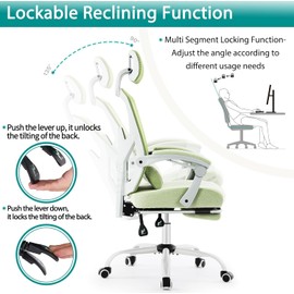 DUMOS Home Office Desk Chair with Footrest, High-Back Mesh Rolling Swivel Reclining Chairs with Wheels, Comfortable Headrest, Lumbar Support, Comfy Arms for Home, Office, Gaming, Elegant Green