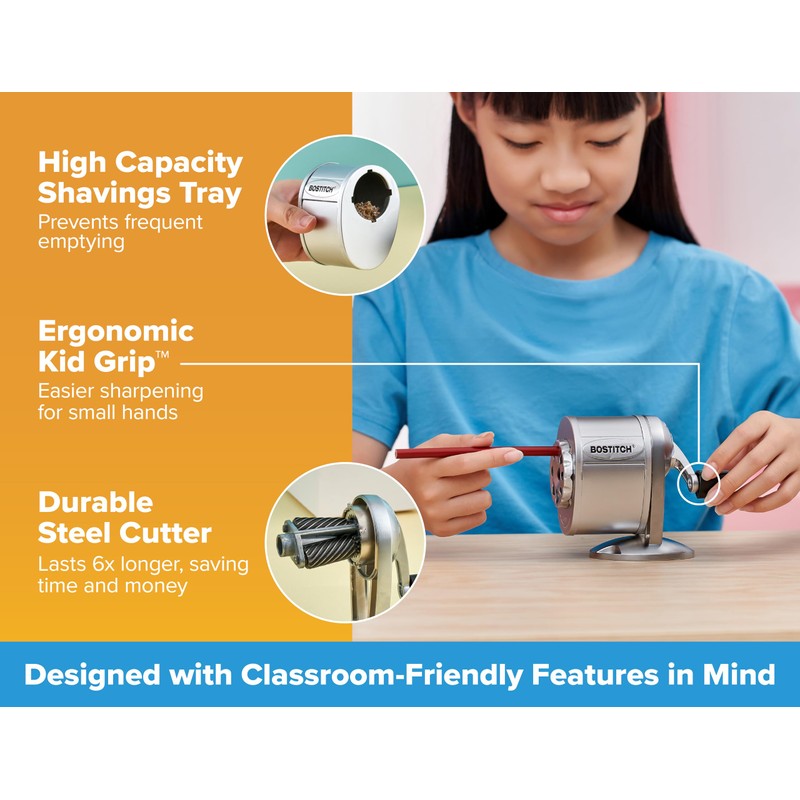 Bostitch Metal Manual Pencil Sharpener, Silver (MPS1-CH)