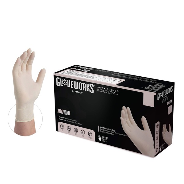 GLOVEWORKS Industrial Ivory Latex Gloves, Box of 100, 4 Mil, Size Medium, Powder Free, Textured, Disposable, TLF44100-BX