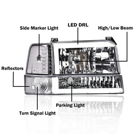 CHEDA LED DRL Headlights Assembly Headlamp, Compatible with 1992-1996 Ford Bronco F150/ 92-97 F250 F350 Super Duty Headlights w/Corner Signal Bumper Lamps 6pc（Clear lens Chrome Housing Clear Reflector