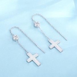 Chopsticks Pull Through Earrings Sterling Silver Cross Pendant Opal Cross Earrings CZ Earrings Jewellery Gift for Women, Sterling Silver