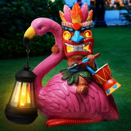 Gerrii Tiki Statue Outdoor Decoration Solar Power Light Tiki Bar Garden Statues 11'' Resin Waterproof Totem Pole Flamingo Figurines for Garden, Patio, Balcony, Yard, Lawn Ornament