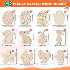 Camiki Art Easter Crafts Wooden Ornaments Set, 48 PCS Easter Crafts for Kids Wooden Hanging Embellishments Easter Gifts, Easter Bunny Decorations Party Supplies DIY Decor Home Wall Door Decor