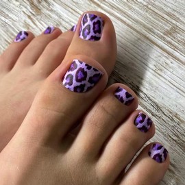 24Pcs Press on Toenails Short Leopard Print Fake Toe Nails Designs Purple Black Snake Scale Design False Toenails Acrylic Toe Nail Press ons Artificial Stick on Toenails for Coquette Women
