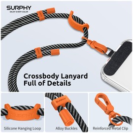 SURPHY Phone Lanyard, Adjustable Phone Strap Crossbody with 2 Pack Cell Phone Tether Tab, Premium Metal Buckles and Two-Color Braided Cell Phone Lanyard Crossbody for Women and Men, Black & Grey