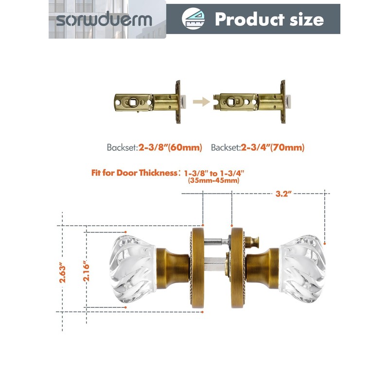 SORWDUERM 2 Pack Crystal Knobs Antique Brass Door Knob Interior