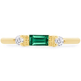 AFFY Baguette Cut Simulated Emerald And White Cubic Zirconia In 14K Yellow Gold Plated 925 Sterling Silver Three Stone Design Bridal Engagement Wedding Ring Jewelry For Women Size -7