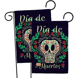 Ornament Collection Dia de Muertos Skeleton Garden Flag 2pcs Pack Fall Day of Dead Los Fiesta Mexican Party Autumntime House Decoration Banner Small Yard Gift Double-Sided, Thick Fabric, Made in USA