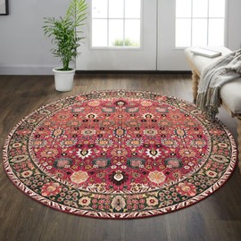 vivorug Round Rug 4ft Vintage Round Area Rug Non-Slip Indoor Carpet for Living Room Bedroom Entryway, Stain Resistant Home Decor Circle Rug, Cherry Red/Spice