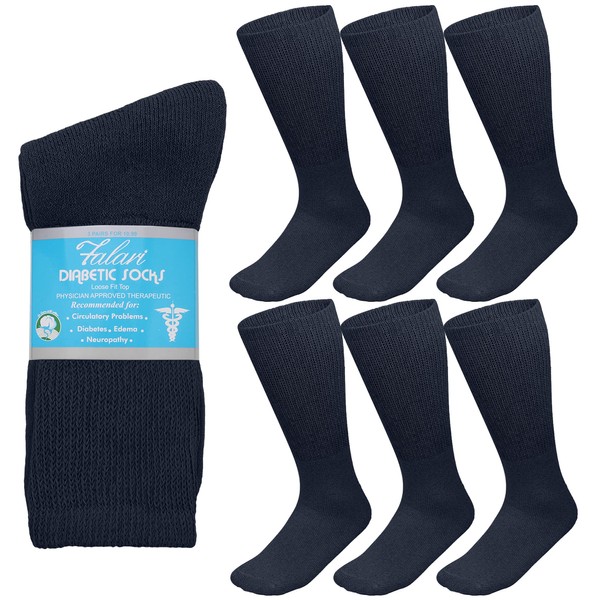 Falari 6-Pack Physicians Approved Diabetic Crew Socks Loose Fit Top Help Blood Circulation (9-11, Navy)